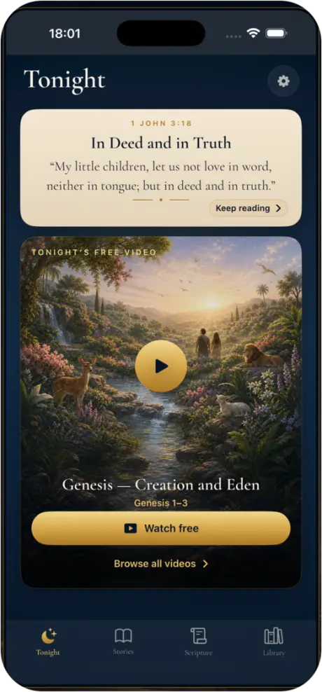 Bible Bedtimes Tonight screen with tonight’s Scripture card and a free Genesis video
