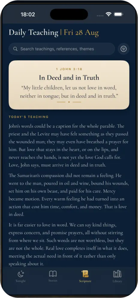 Bible Bedtimes Daily Teaching screen with a King James passage and the day’s teaching