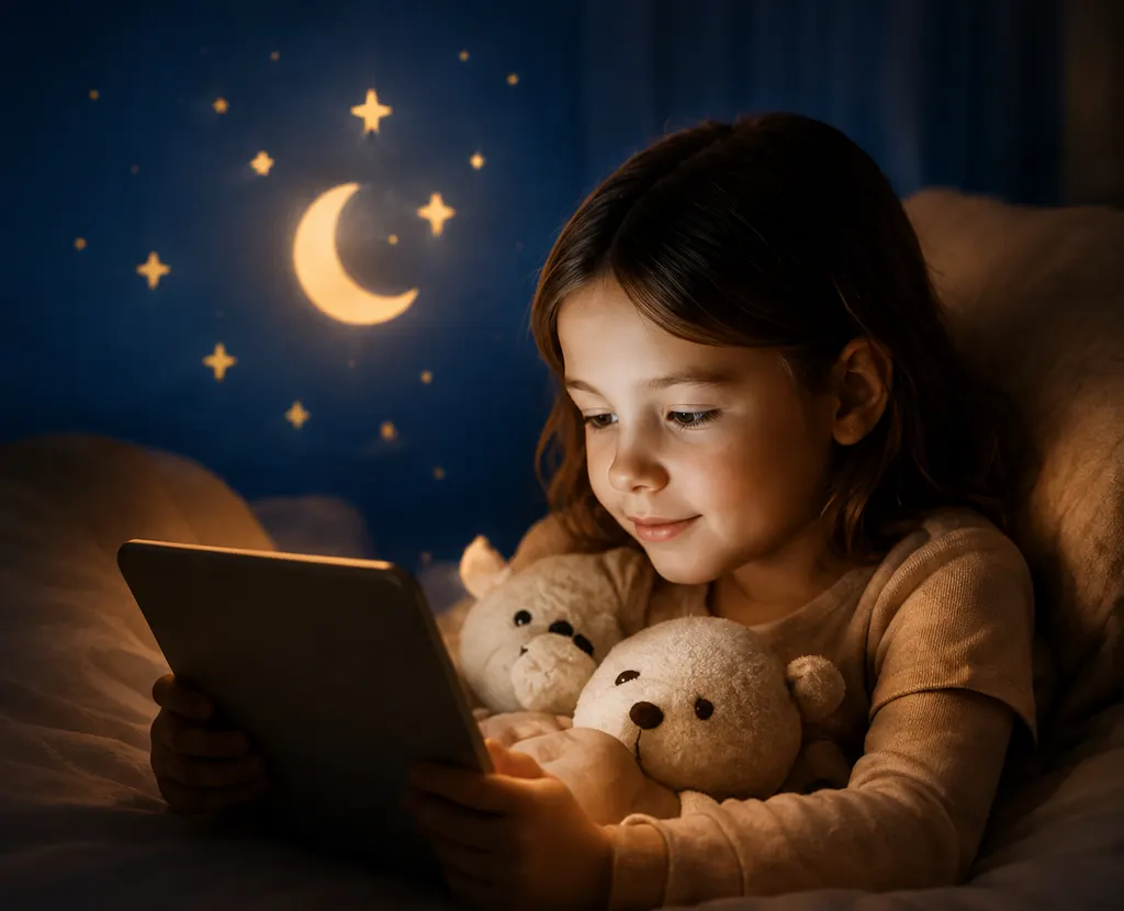 A child in cosy pyjamas reading a tablet in bed with two teddy bears, set against a starry night sky with a crescent moon